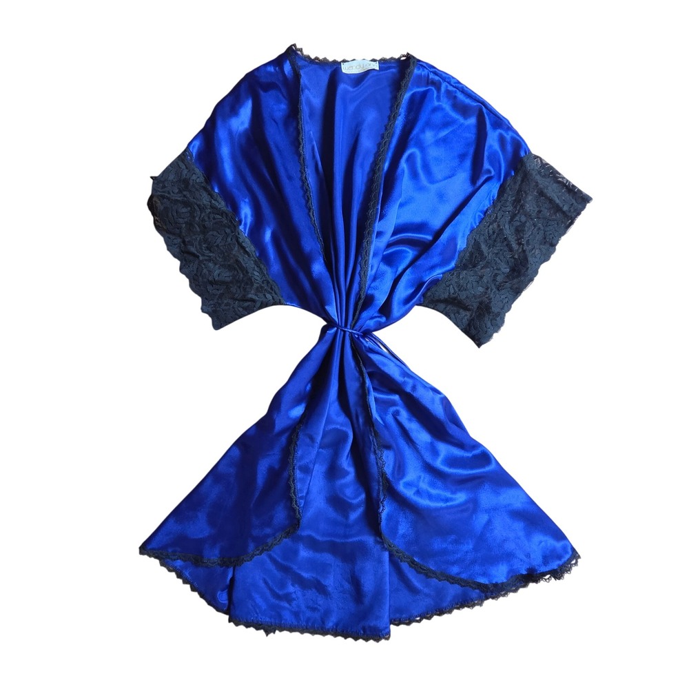 Vintage Wendy Ann Satin  Lace Trim Robe 2 Royal Blue Made in USA Lounge Boudoir